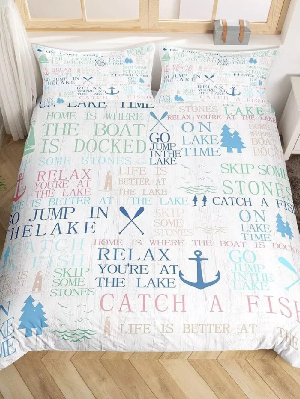 Lake Words Duvet Cover Set - Queen - Nautical Lake Cottage